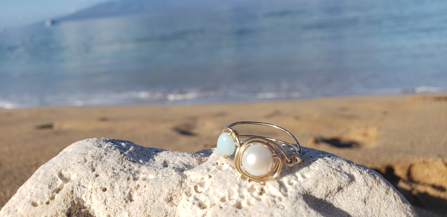 Pearl & Opal 14k gold fill wire wrapped ring