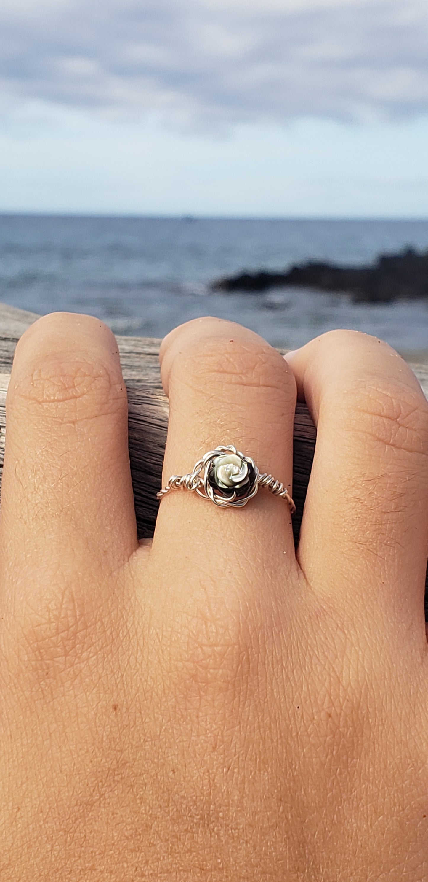 Mother of Pearl flower twisted sterling silver wire wrapped ring