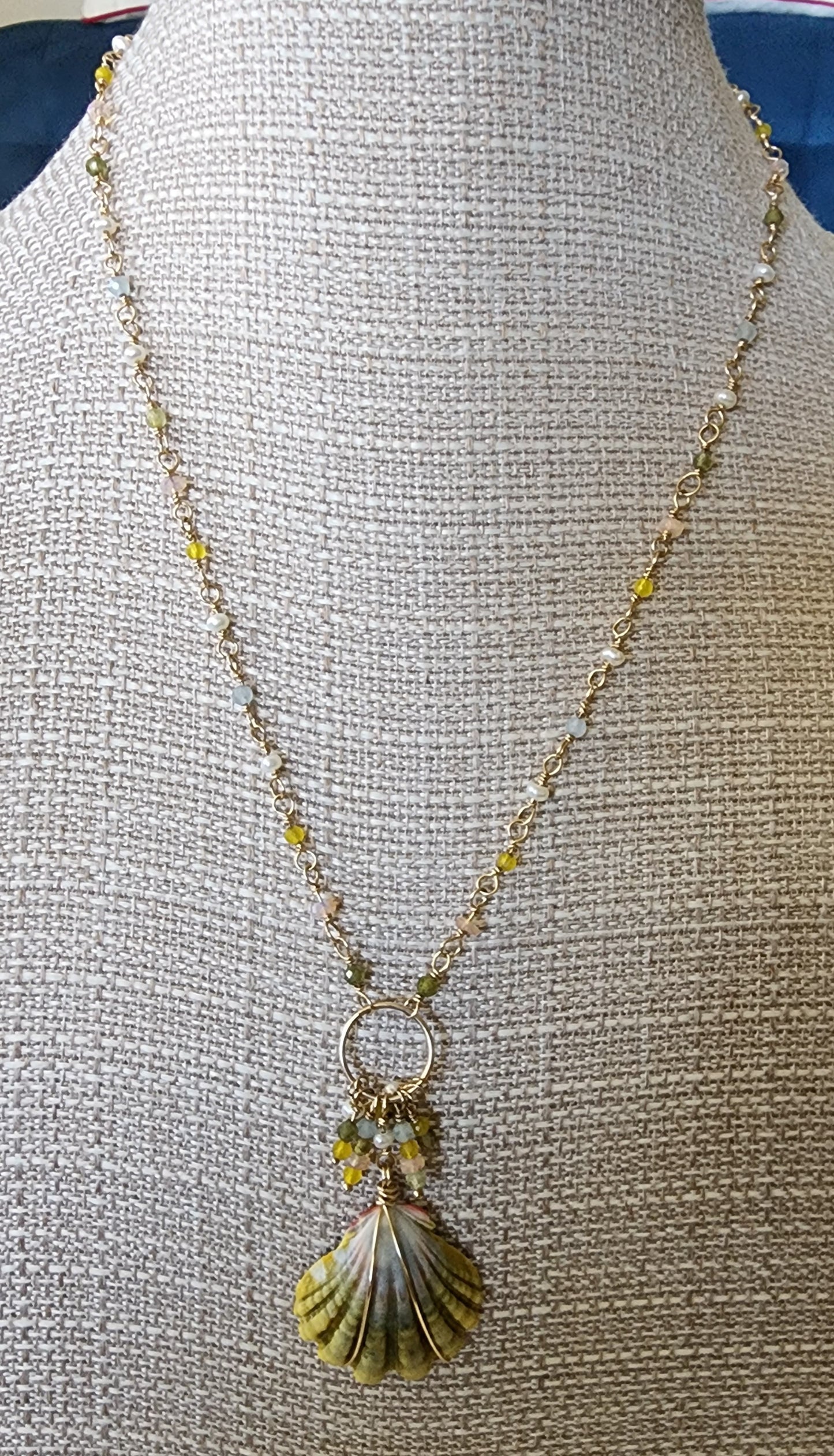 Sunrise Shell, Garnet, Opal, Chalcedony, Aquamarine & Pearl 14k gf Necklace