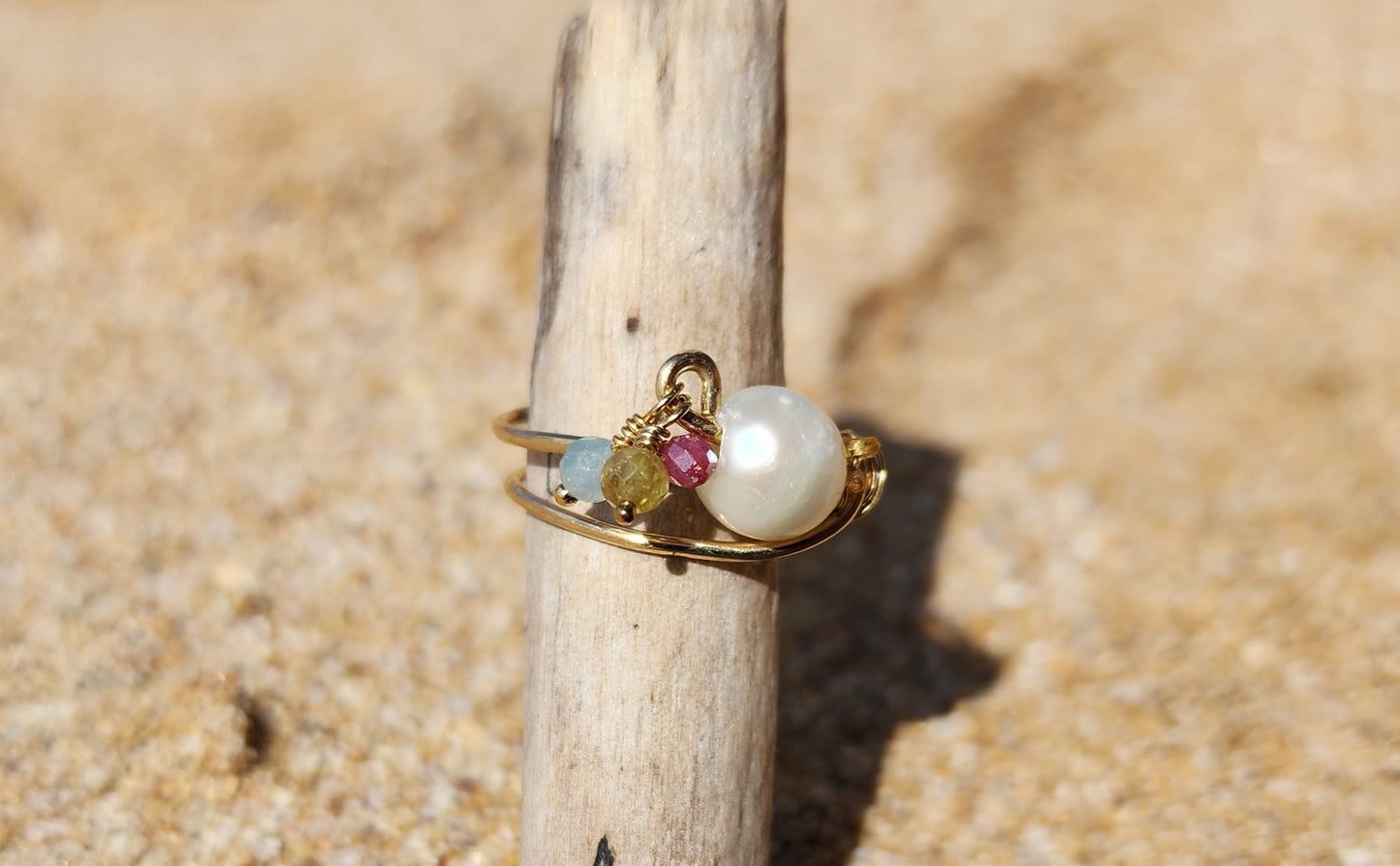 Pearl w/ gemstone dangle 14K gf ring 7.5