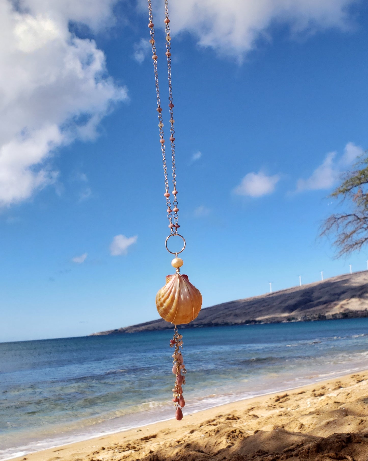 Sunrise shell, Pearl, Opal, 14k gold fill necklace