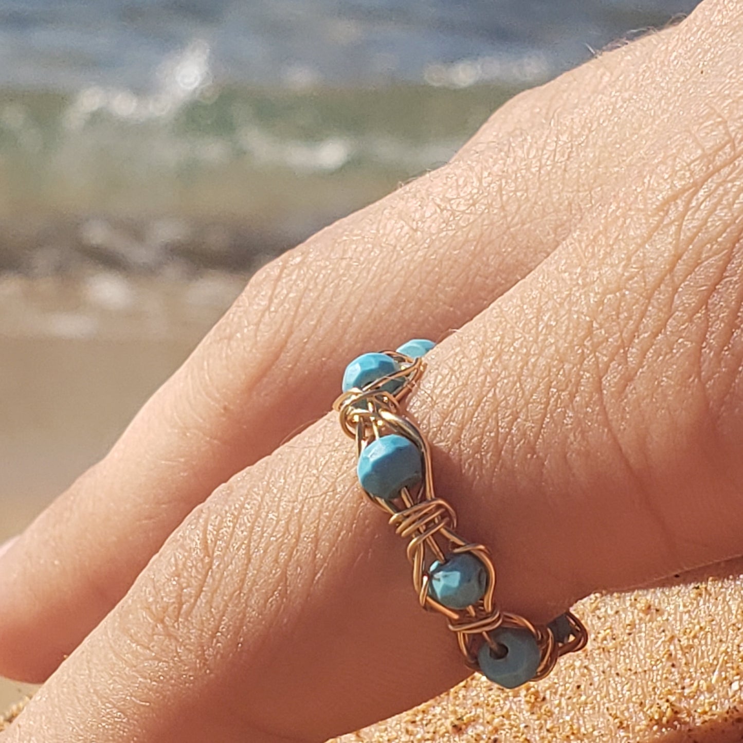 Turquoise 14K gold fill braided wire wrapped ring