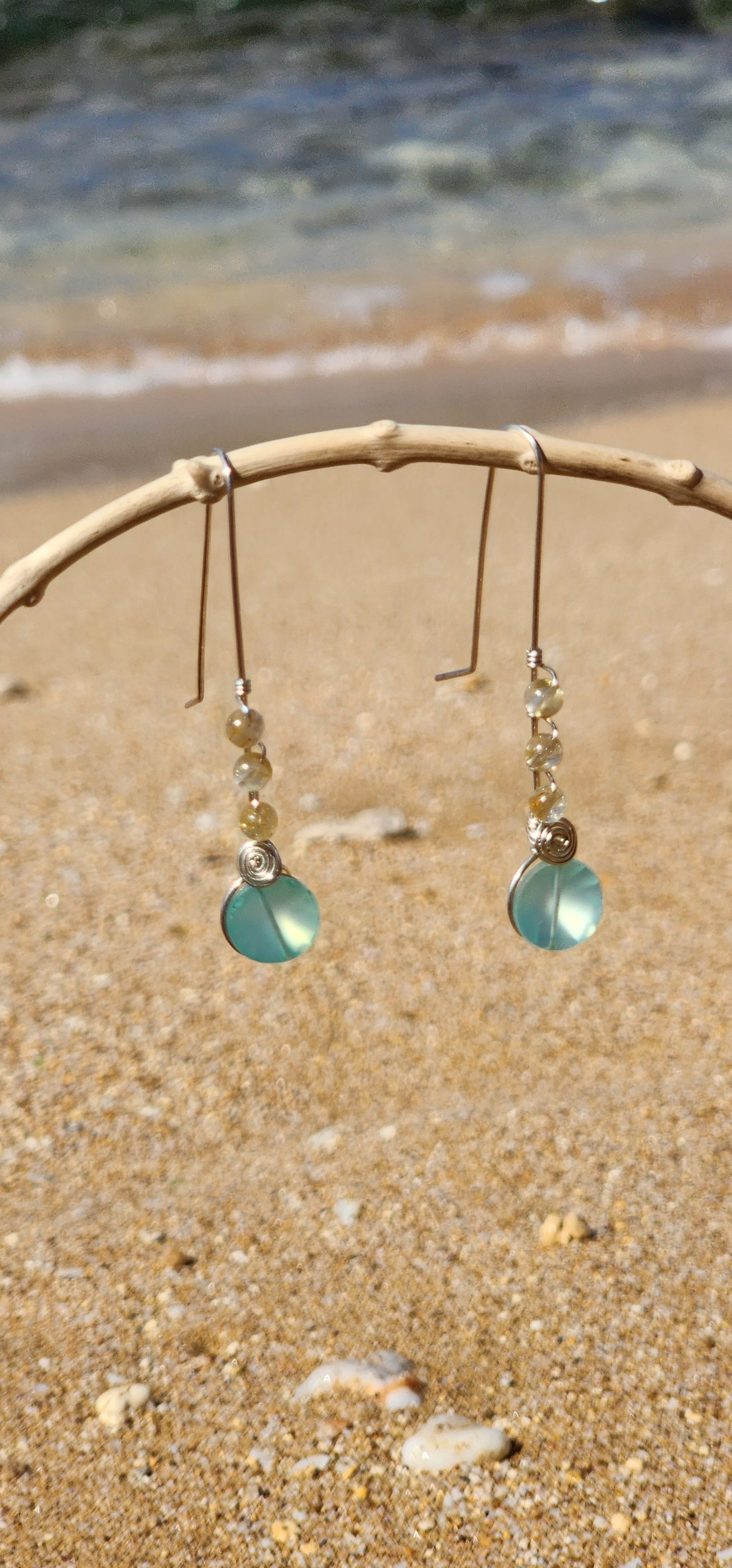 Chalcedony, Rutilated Gold Quartz, Sterling Silver Earrings
