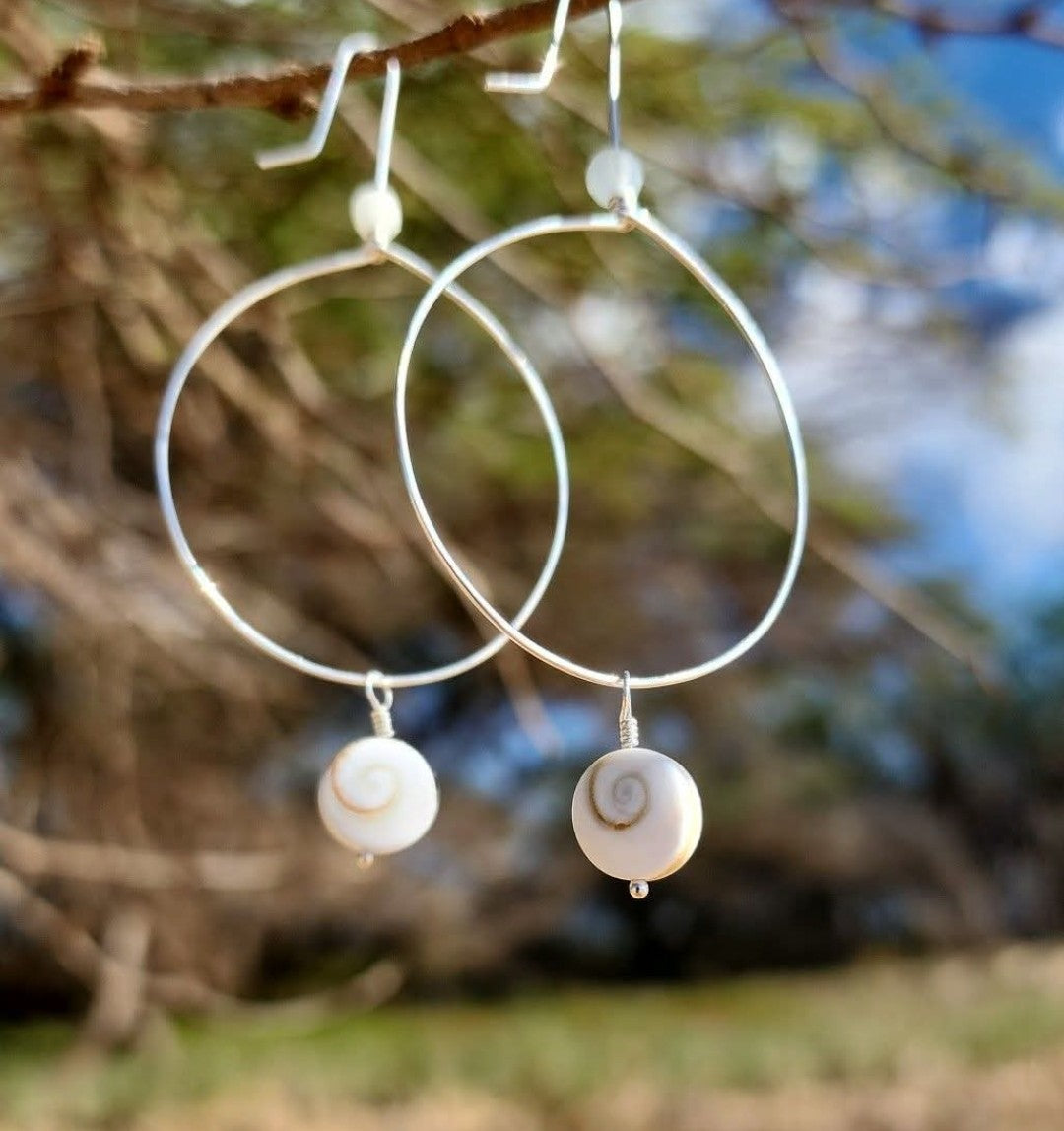 Shiva Shell, Aquamarine, and Sterling Silver hoop Earrings