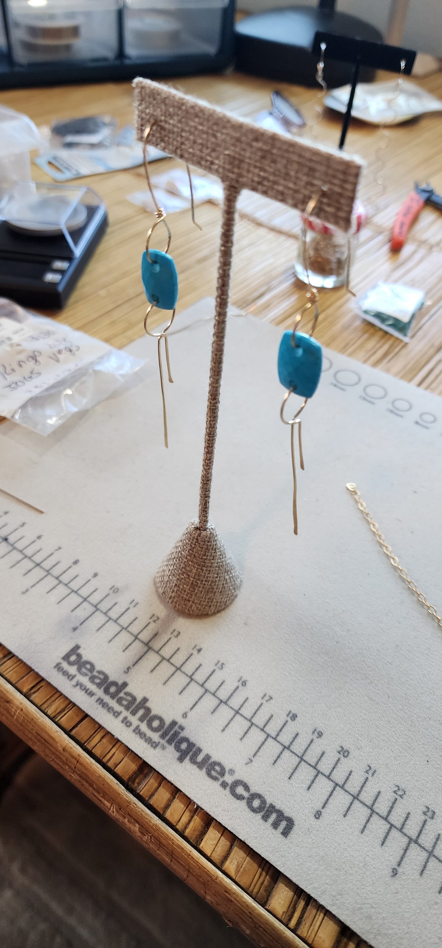 Blue-Dyed Howlite gold-fill wire-dangle earrings