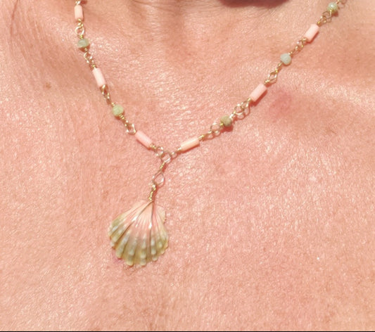 Sunrise shell, Opal, Coral,14k GF Necklace