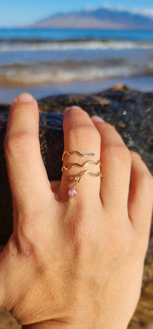 14k gold fill, pink Topaz wavy wire wrap Ring