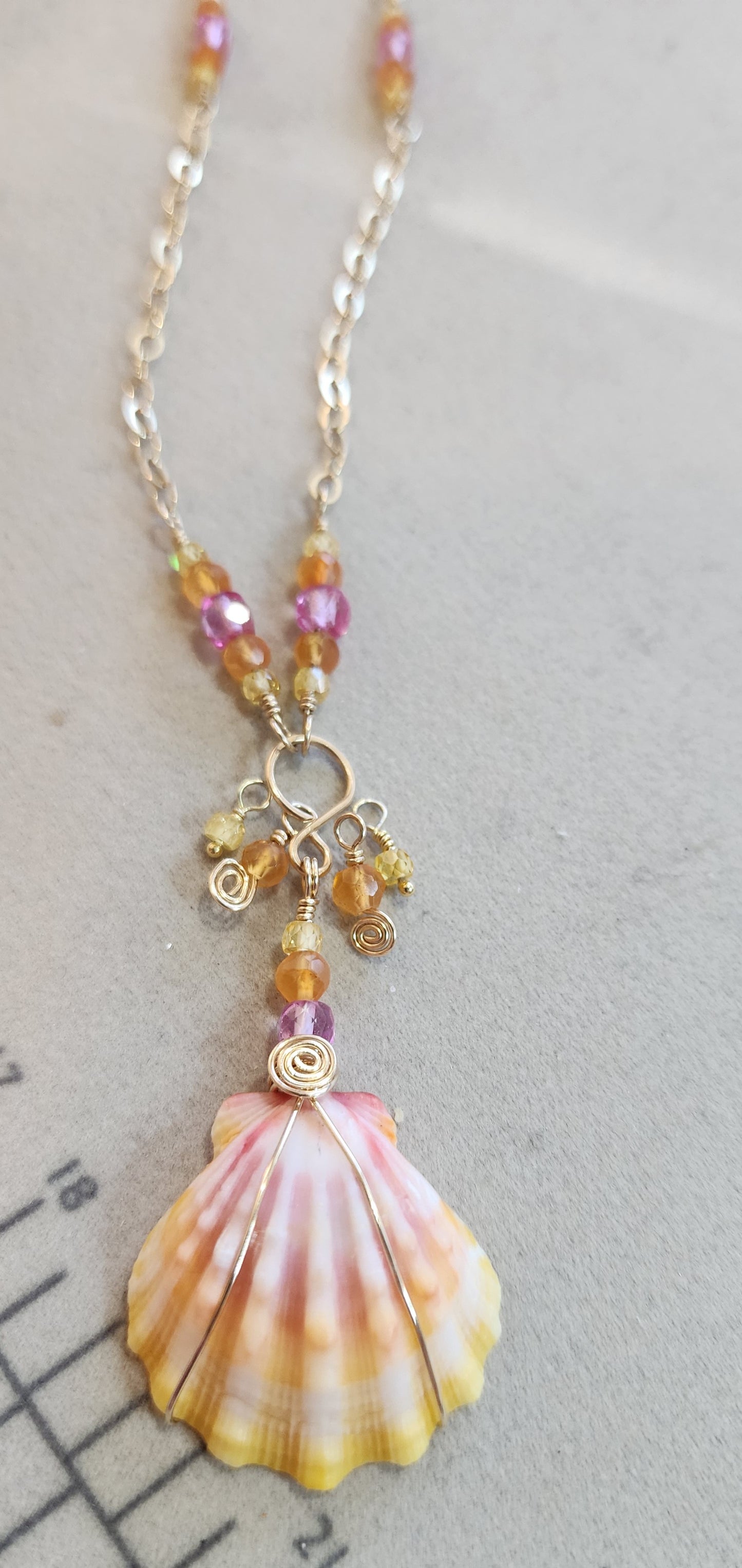 Sunrise shell, Topaz, Zircon, Carnelian 14k gold fill Necklace