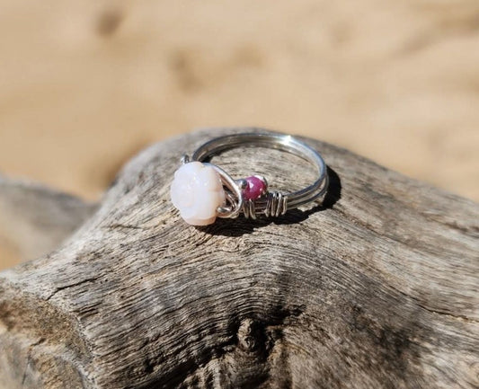 Mother of Pearl & Moonstone Sterling Silver wire wrap Ring