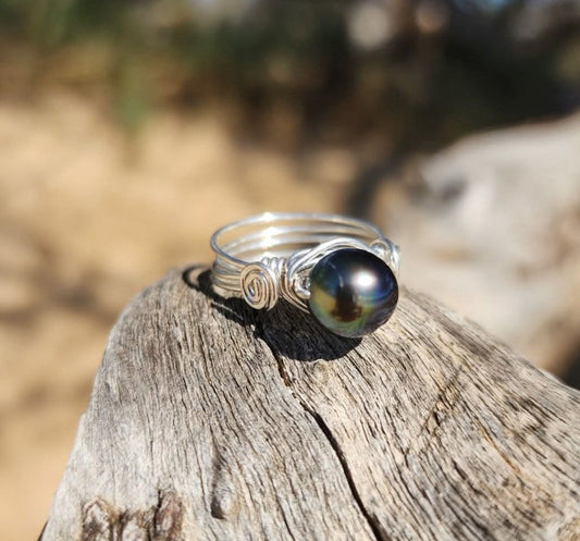 Pearl Tahitian Sterling Silver wire wrap Ring