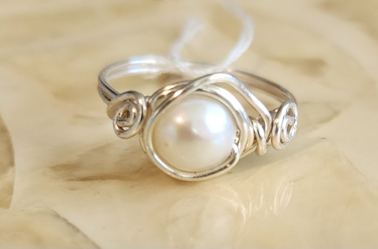 Pearl & Silver wire wrapped Ring